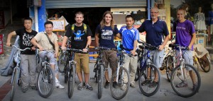 Dylan, Jonathan, Myrrl and Brad ready for a bike ride around Nanchong with Chinese friends