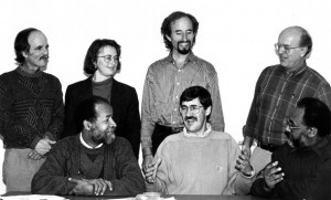Renowned Colombian peace activist Ricardo Esquivia is seated at left, beside John Paul Lederach, at a "strategic planning" meeting in 1995 to discuss the work of the fledgling Conflict Transformation Program at EMU, now known as the Center for Justice and Peacebuilding.