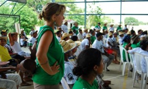 Larissa Zehr, a 2011 graduate serving with the SEED program of Mennonite Central Committee in Colombia, listens to regional governor Juan Carlos Gossain make promises (unkept after five months) to the protesting farmers in an effort to quiet them. (Photo courtesy Larissa Zehr)
