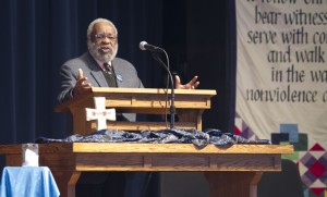 Vincent Harding speaking at university chapel on Friday, Feb. 28. (Photo by Lindsey Kolb)