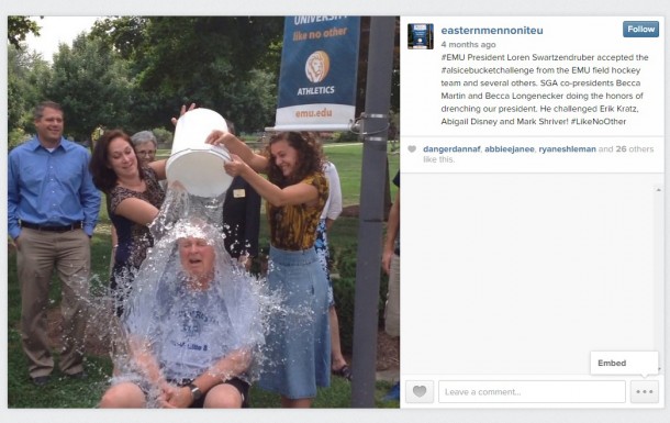 EMU President Loren Swartzendruber participated in the #IceBucketChallenge. The challenge involves dumping a bucket of ice water on someone's head to promote awareness of the amyotrophic lateral sclerosis (ALS) disease. 