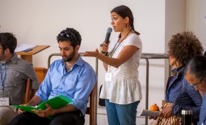 Soula Pefkaros, project manager for the restorative justice consultation, with facilitator and Center for Justice and Peacebuilding graduate student Ahmed Tarik at her right. 