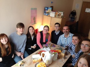 Professor Carl Stauffer with peer mediators from a secondary school in Russia. Stauffer traveled to Moscow, Russia, in April to meet with educators and students utilizing restorative justice principles in education settings. (Courtesy photo)