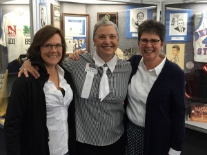 Deana Moren Baker was joined at the ceremony by former teammate Sue Blauch, now a WNBA referee (left) and Professor Sandy Brownscombe, who coached Baker and amde a surprise appearance at the weekend festivities. (Courtesy photo)