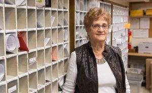 Betty Hertzler retired in spring 2016 after 41 years in EMU's post office. (Photo by Andrew Strack)