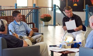Jim Bishop interviews alumni during Homecoming and Family Weekend for a WSVA radio broadcast.