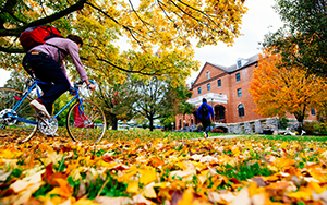 fall campus scene with a bicycle