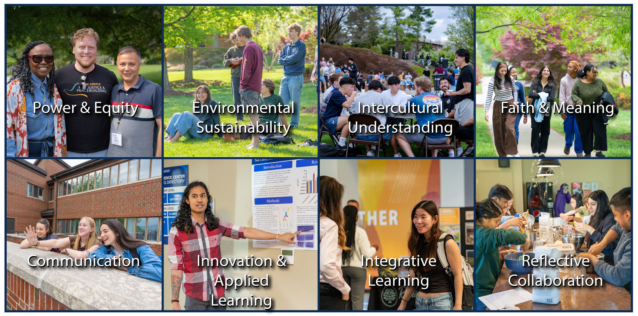 Images for each of the eight value set of people smiling and academically thriving at EMU