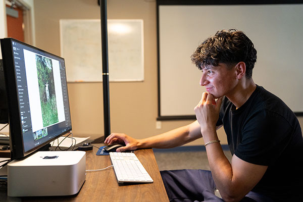 admissions counselor at a computer