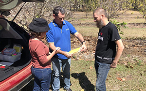 Faculty Matthew Siderhurst and He is shown with entomologist Stefano De Faveri (center) and lab tech Jodie Cheesman at a field station in northern Queensland. 