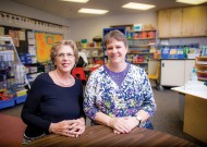 Linda Bland '64 (left) visits with reading specialist Becky Martin '83 MA '14