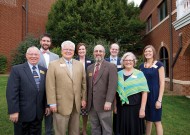 Phil Helmuth, director of development and church relations (front row, left), stands with associate directors Stuart Showalter, Les Horning and Karen Moshier-Shenk. Back row, from left: associate director Braydon Hoover, Jasmine Hardesty, director of planned giving, and associate directors Tim Swartzendruber and Lindsey Martin. Not present is Dave King, director of athletics.