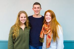 Student leaders of Peace Fellowship are (from left) Alyssa Moyer, treasurer, and co-presidents Noah Haglund and Anna Messer. (Photo by Andrew Strack)