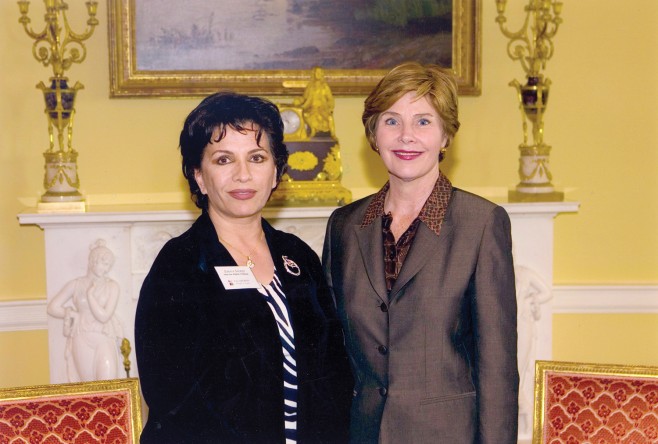 Suraya Sadeed, MA ’12 (conflict transformation), the founder and executive director of Help the Afghan Children, was a guest of First Lady Laura Bush at the White House in 2005, returning in 2006 as a participant at an event hosted by both Laura and George Bush.