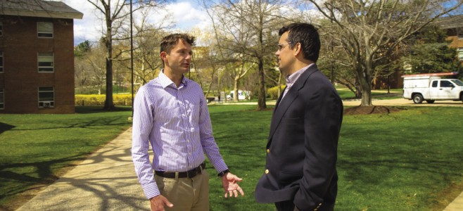 Chris Ehrhart (left), who holds a masters in conflict transformation from EMU, answers in his work to Josh Bacon, director of James Madison University’s Office of Judicial Affairs. Bacon took courses with EMU’s Howard Zehr and felt inspired to introduce restorative disciplinary practices to JMU, making it a pioneer in moving the culture of discipline on U.S. campuses away from a largely punitive approach.
