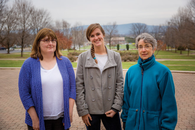 Three of the women working in information services at EMU (from left): Jenni Piper '92, Krista Nyce '14, Becky Brenneman '07. (Not pictured: Alison D'Silva)