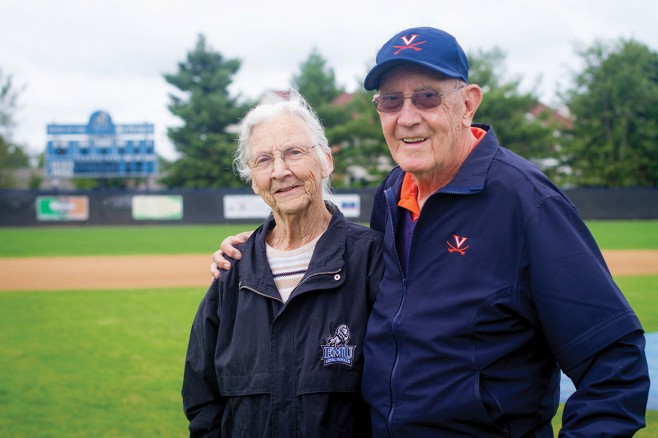Byard "Doc" Deputy, class of '46, with his wife Betty, has split loyalties: he attended EMC, graduated from Madison College, and worked for many years at the University of Virginia Medial Center. 