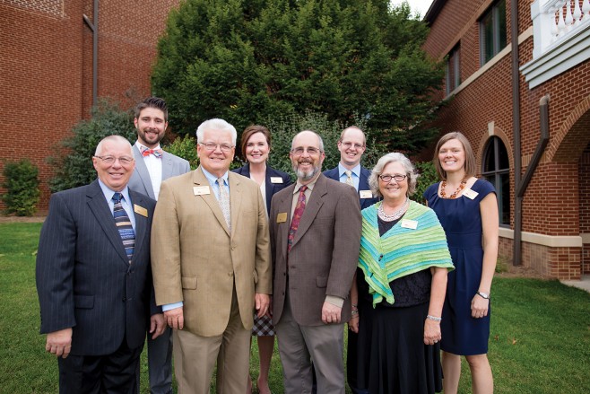 Phil Helmuth, director of development and church relations (front row, left), stands with associate directors Stuart Showalter, Les Horning and Karen Moshier-Shenk. Back row, from left: associate director Braydon Hoover, Jasmine Hardesty, director of planned giving, and associate directors Tim Swartzendruber and Lindsey Martin. Not present is Dave King, director of athletics. 