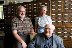 Three EMU history buffs who assisted with this series of 90th anniversary articles: Harold Huber, acting historical archivist at the Sadie Hartzler Library; Lois Bowman '60, librarian at the Menno Simons Historical Library; and Hubert R. Pellman '38, retired English professor and author of Eastern Mennonite College, 1917-1967.