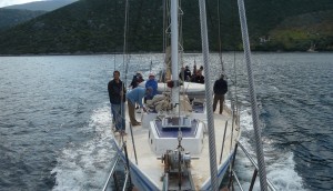 Students from the 2011 Christian Movement in the Mediterranean sail out of a small port in Greece.